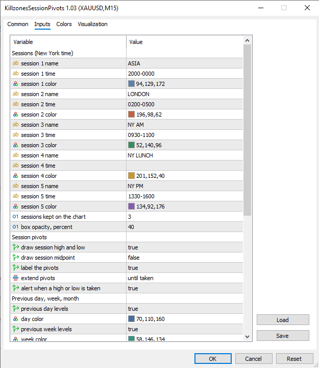 Inputs window: sessions and session pivots Inputs window: sessions and session pivots