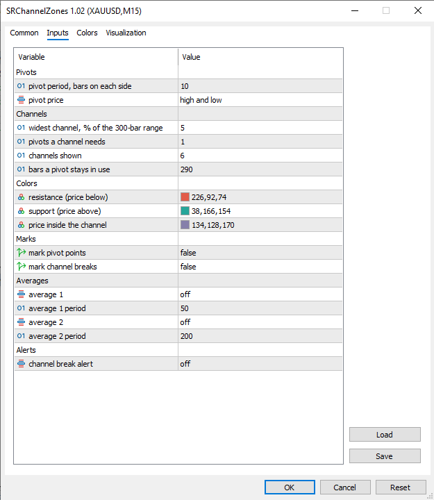Inputs window: sixteen settings in six groups