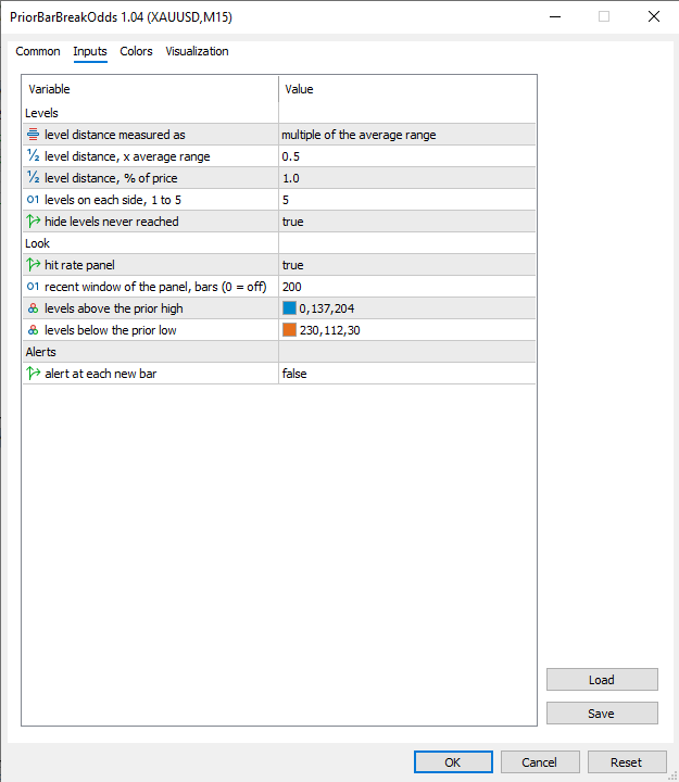 Inputs window: nine settings in three groups